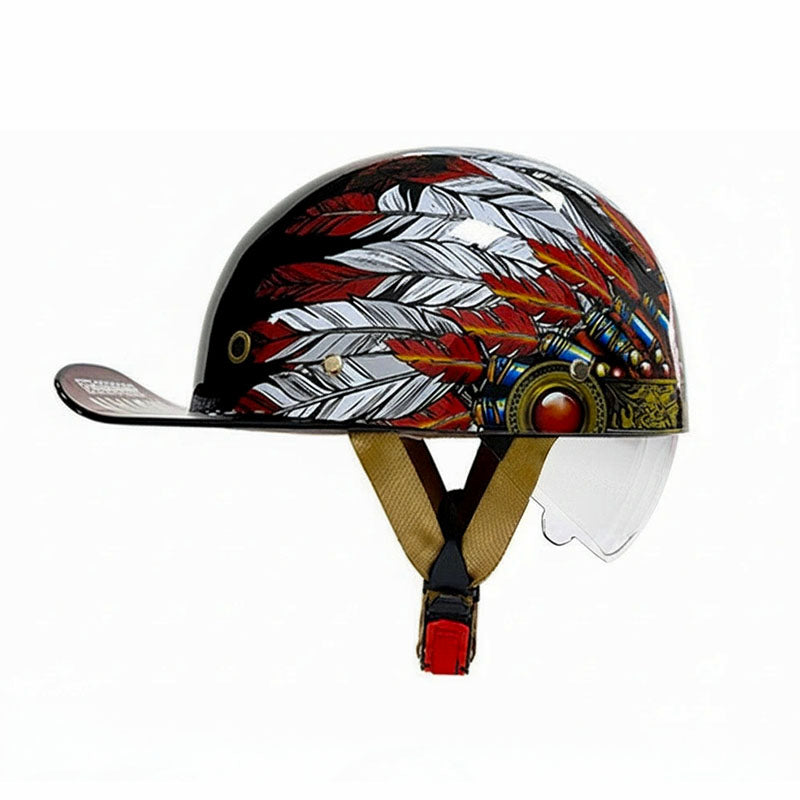 Colorful helmet with feather design on a white background