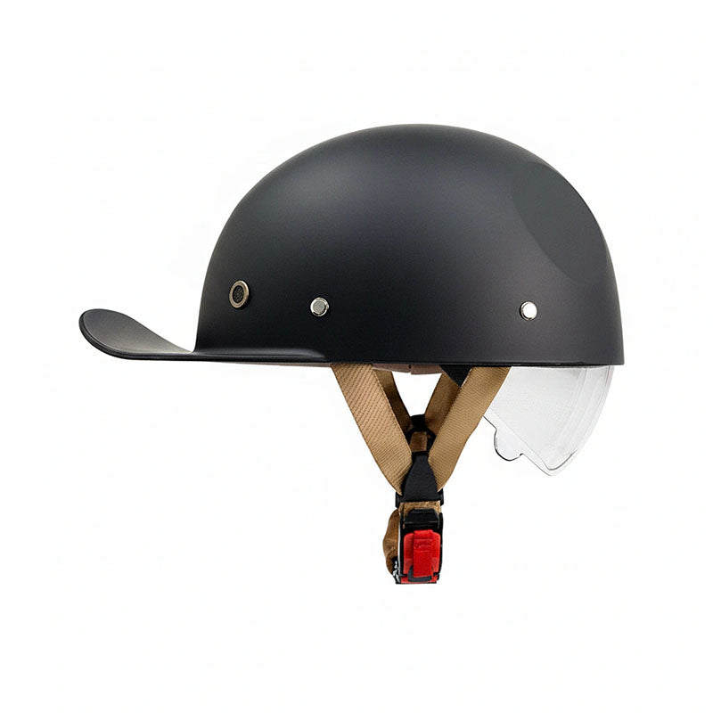 Black helmet with visor and chin strap on a white background