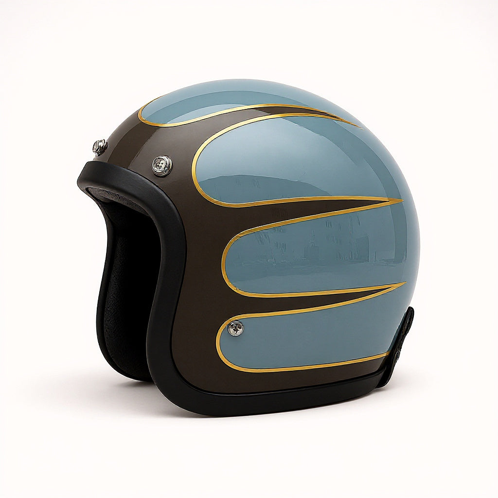 Motorcycle helmet with a blue and gold design on a white background