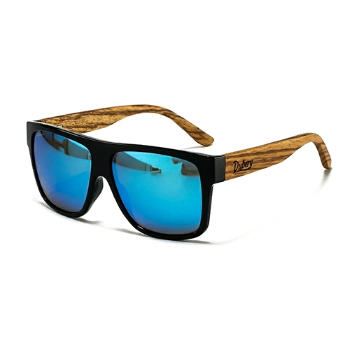 Sunglasses with wooden frame and blue reflective lenses on a white background