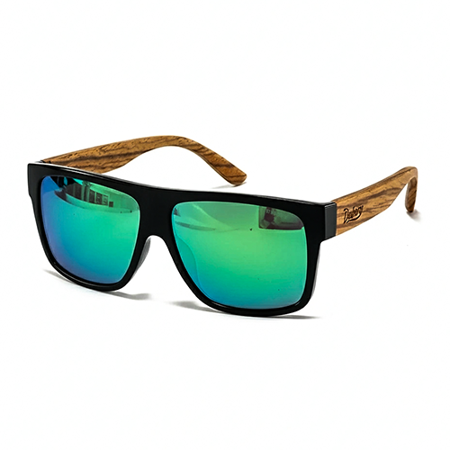 Sunglasses with black frame, green reflective lenses, and wooden arms on a white background