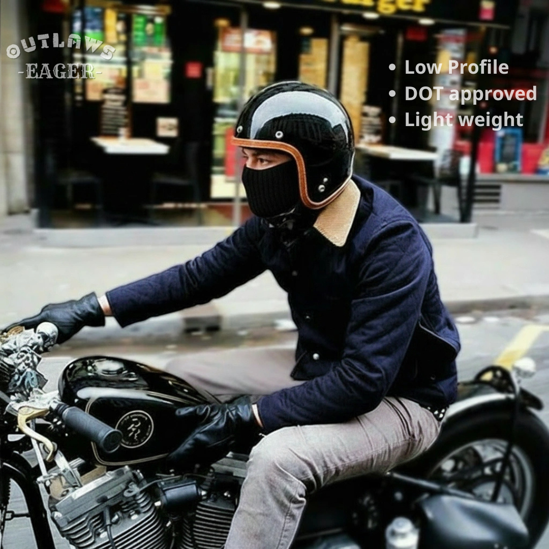 Person wearing a helmet and sitting on a motorcycle with product features listed.