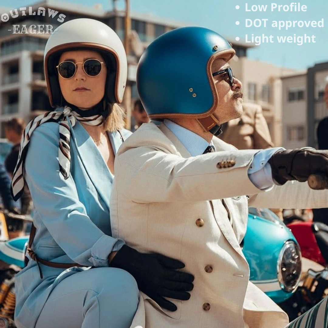 Two people wearing helmets on a motorcycle with text about helmet features.