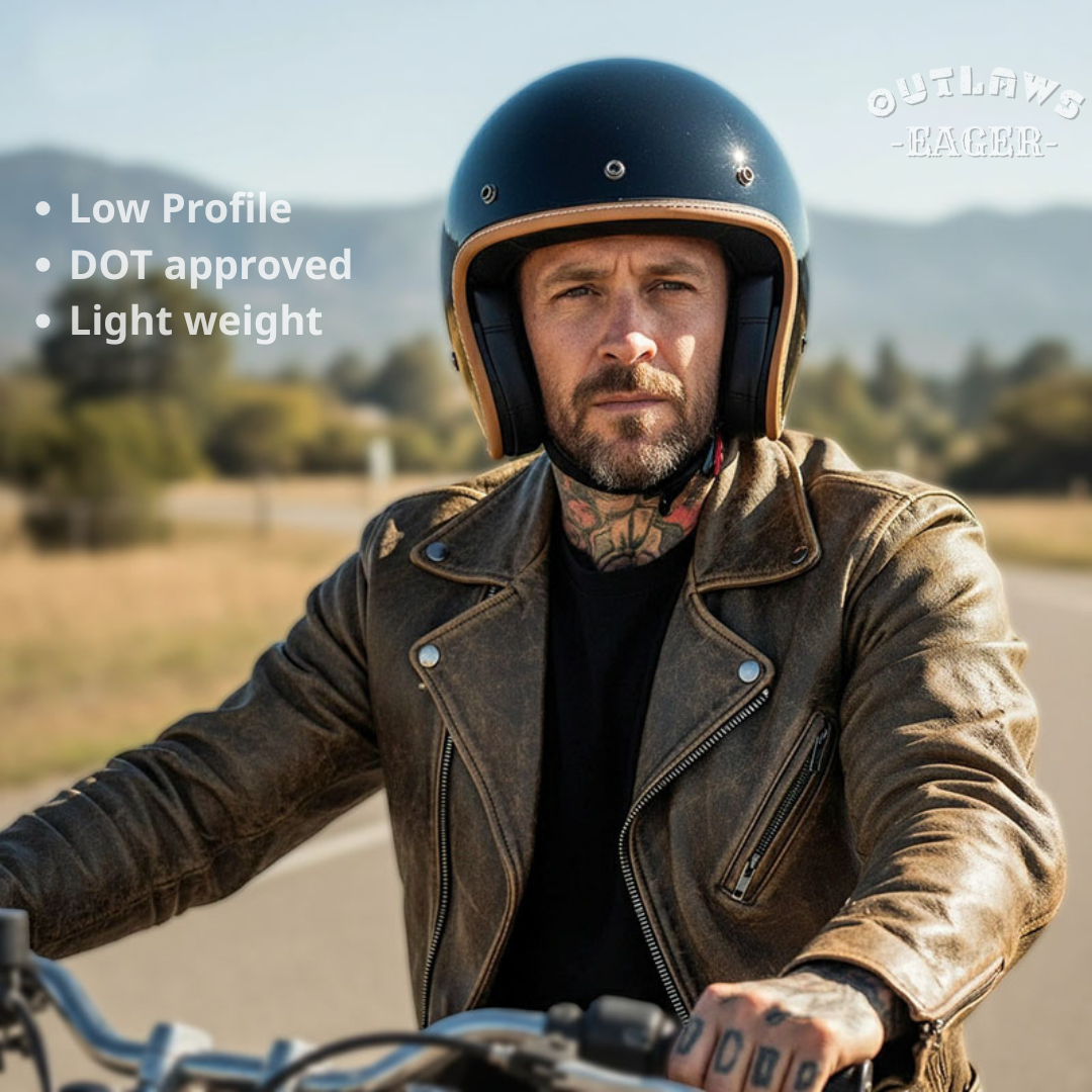 Man wearing a helmet and leather jacket on a motorcycle with text about helmet features.