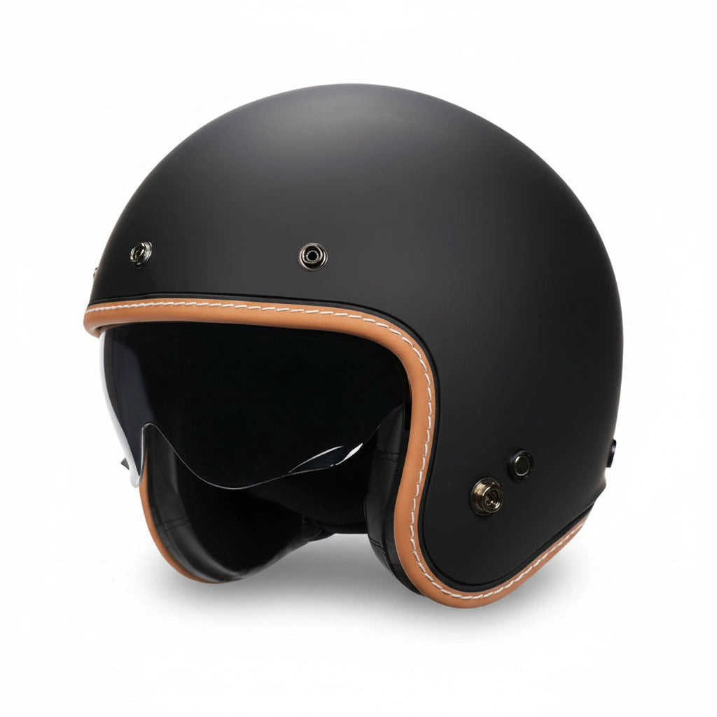 Black motorcycle helmet with brown leather accents on a white background