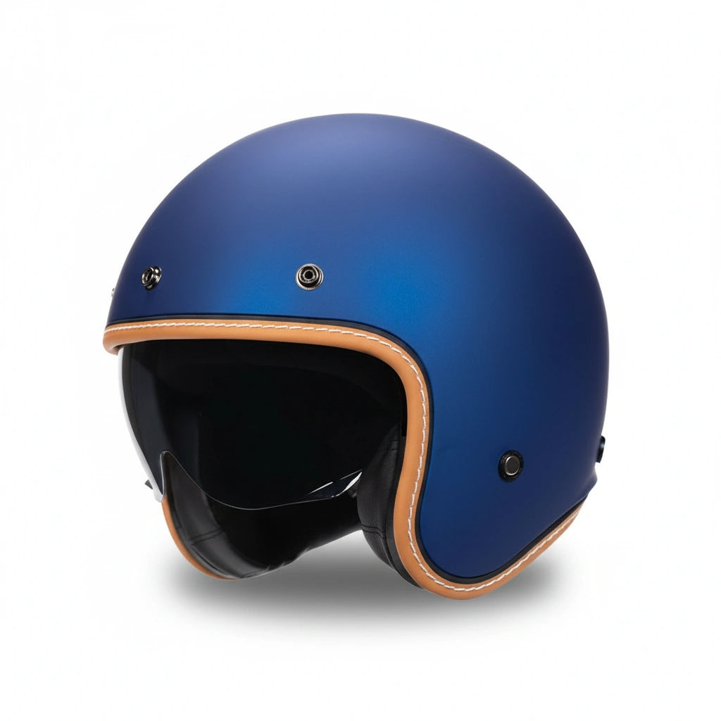 Blue motorcycle helmet with brown leather accents on a white background