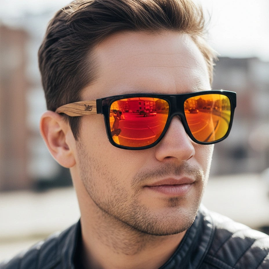 Man wearing sunglasses with orange reflective lenses in an urban setting