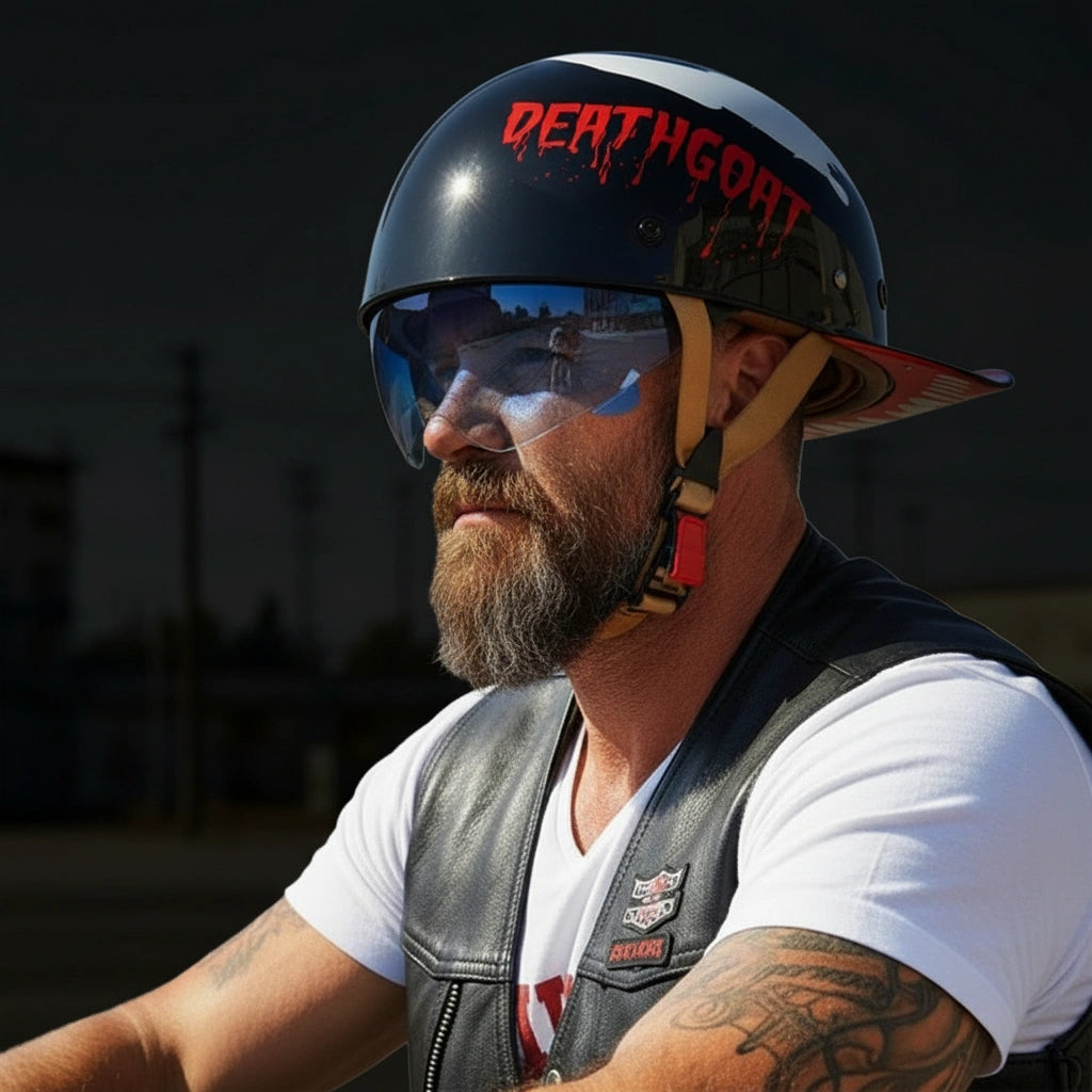 Man wearing a helmet with 'Death Goat' branding, sunglasses, and a leather vest.