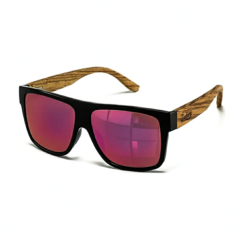 Sunglasses with black frame and pink lenses on a white background