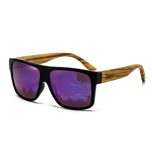 Sunglasses with black frame and purple lenses on a white background