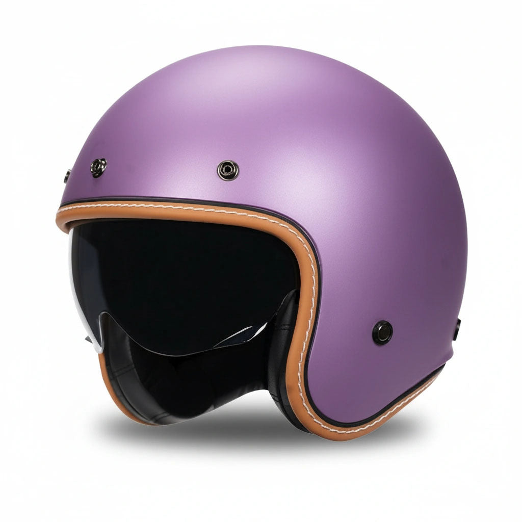 Purple helmet with brown leather trim on a white background