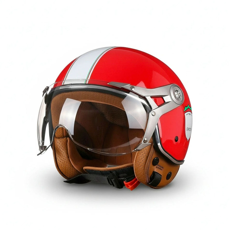 Red and white helmet with a clear visor on a white background