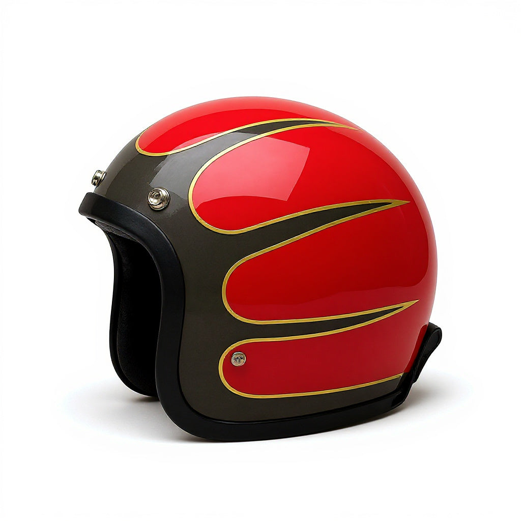 Motorcycle helmet with red and black flame design on a white background