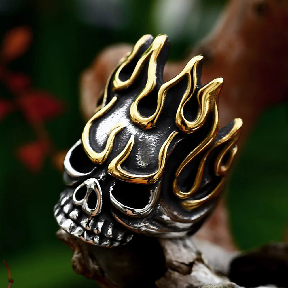 Vintage Flame Skull Ring