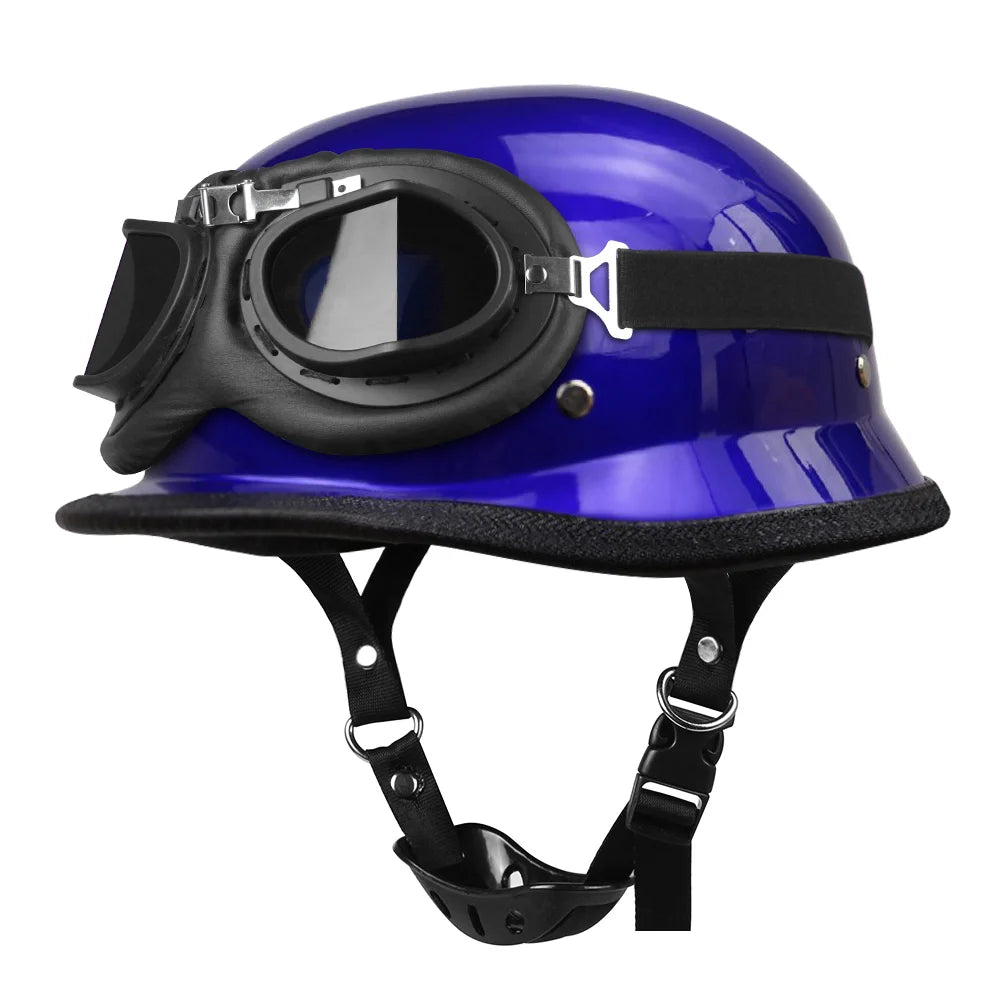 Blue helmet with black goggles on a white background