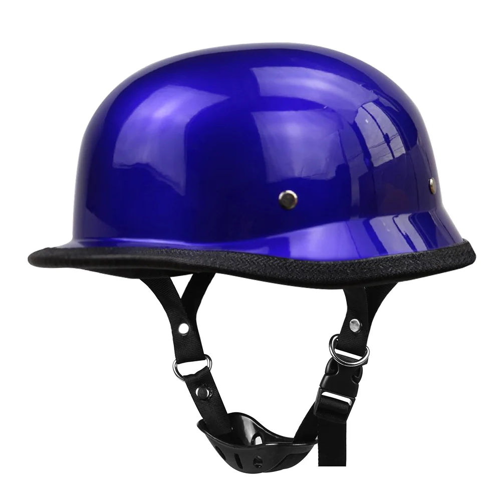 Blue motorcycle helmet with black chin strap on a white background