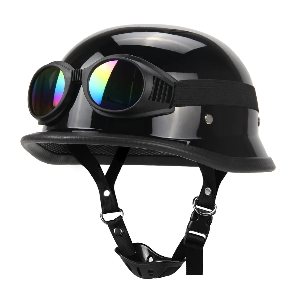 Black motorcycle helmet with reflective goggles on a white background