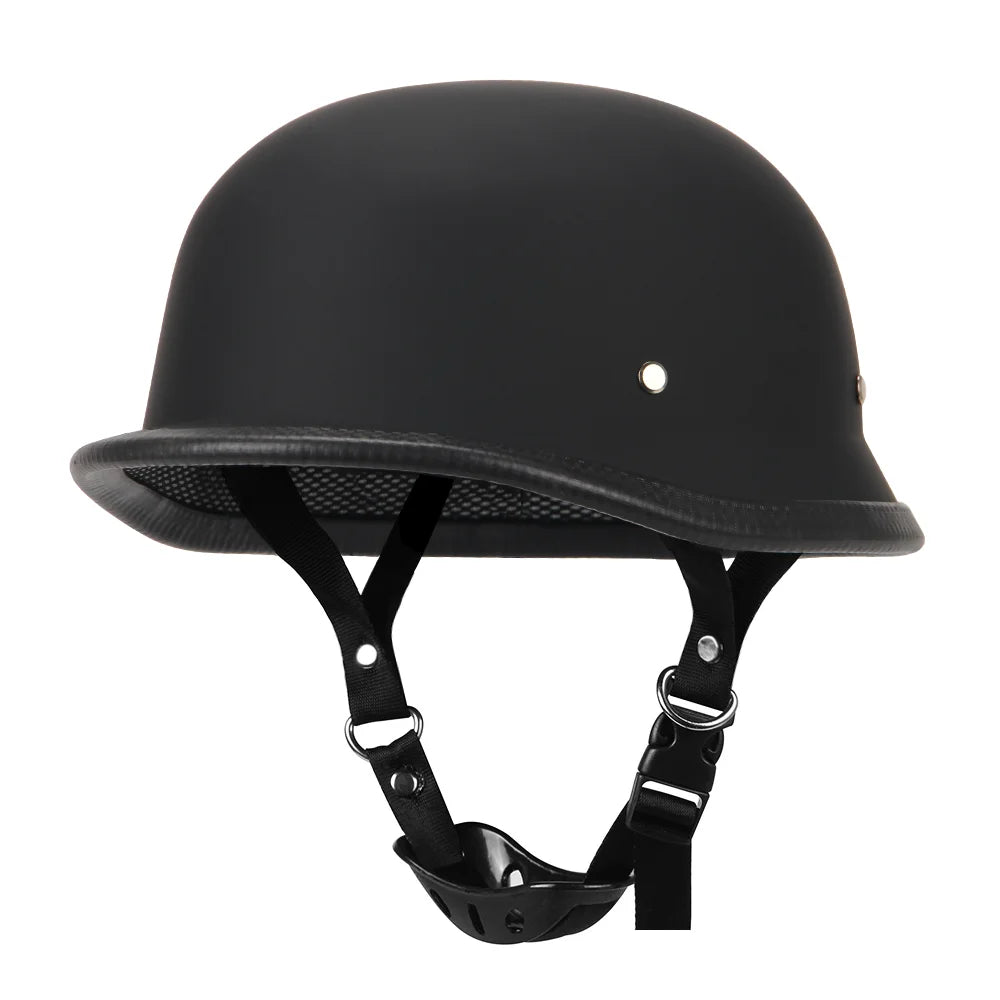 Black motorcycle helmet with chin strap on a white background