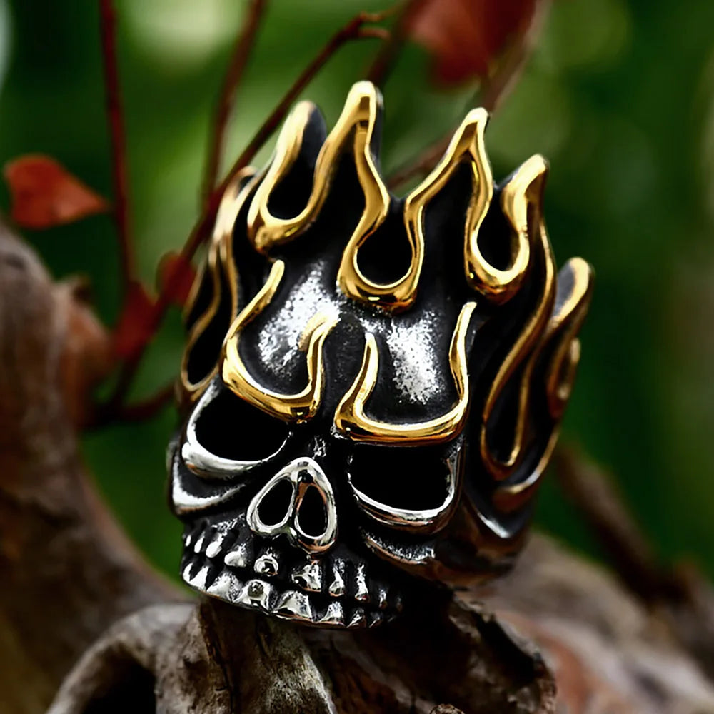 Vintage Flame Skull Ring
