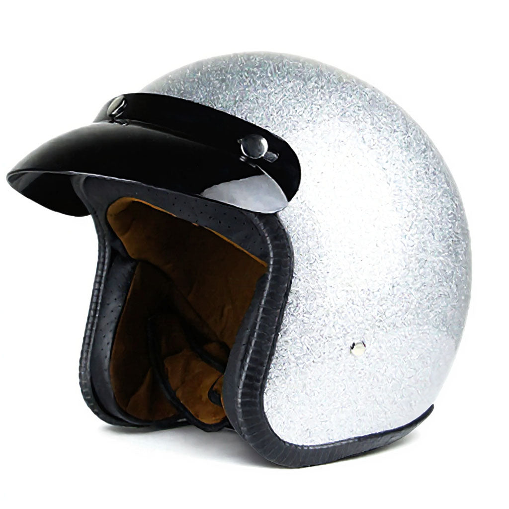 Silver glittery helmet with black visor on a white background