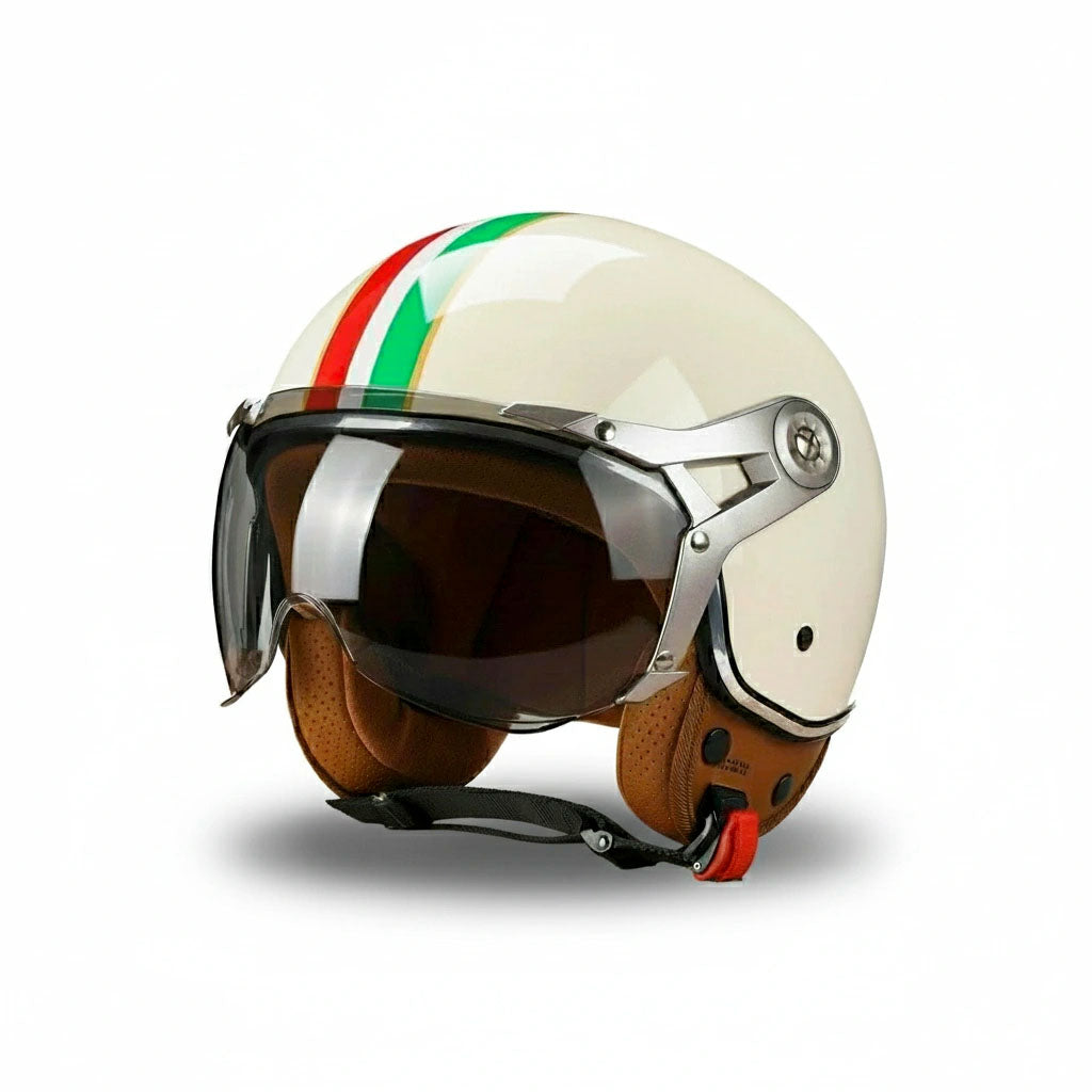 Motorcycle helmet with visor and Italian flag design on a white background