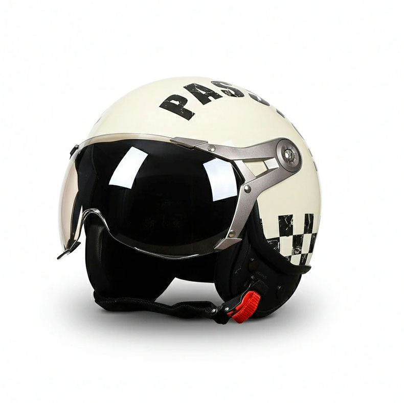 White helmet with black text and checkered pattern on a white background