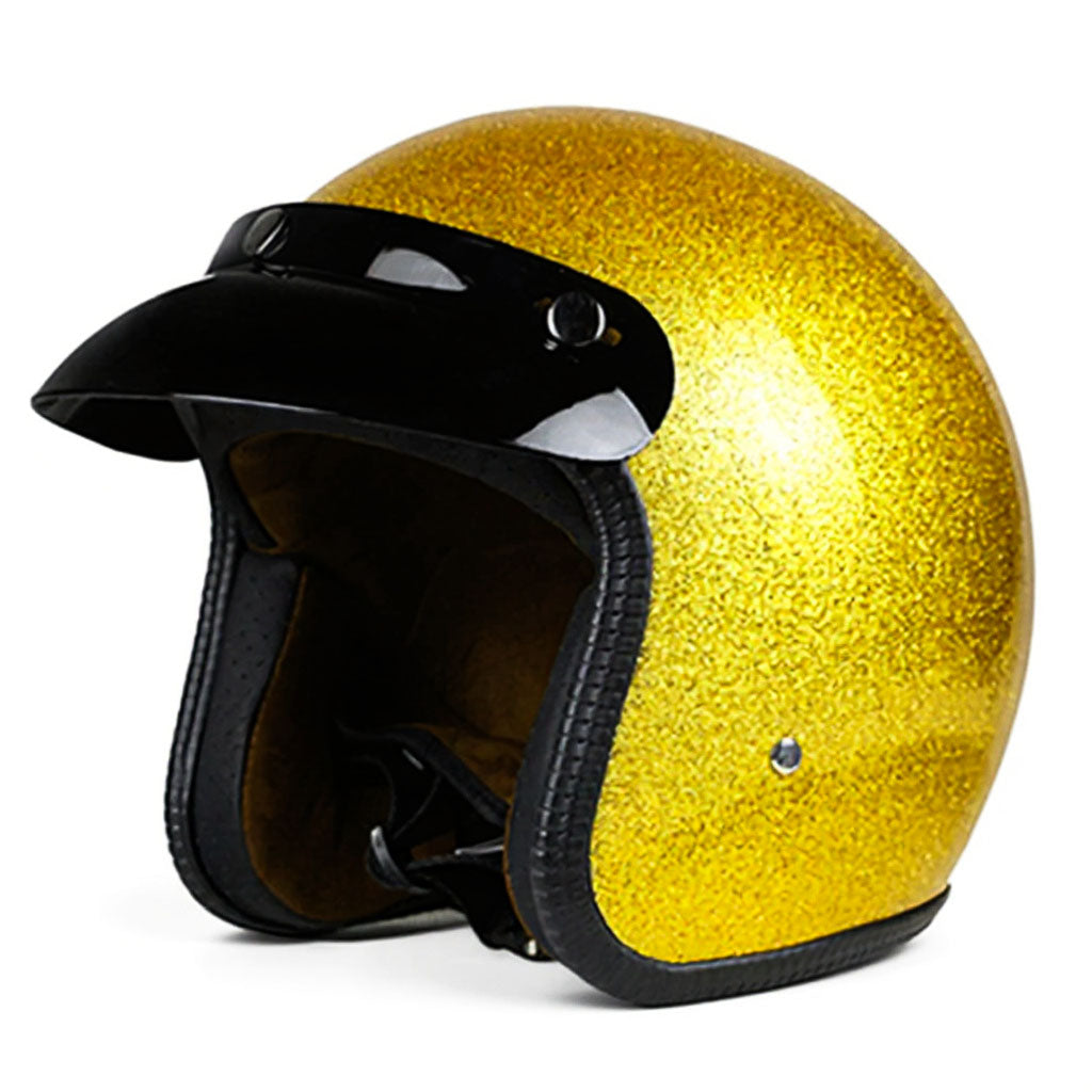 Yellow glittery helmet with black visor on a white background