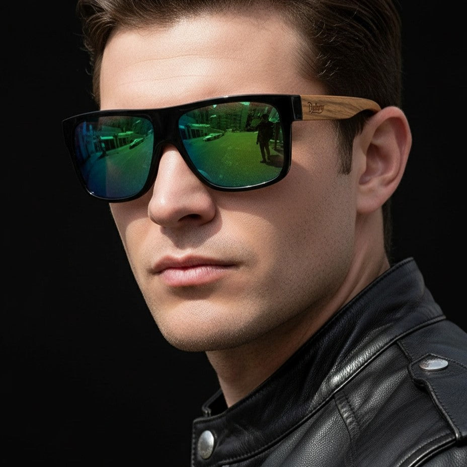 Man wearing reflective sunglasses and a black leather jacket against a dark background