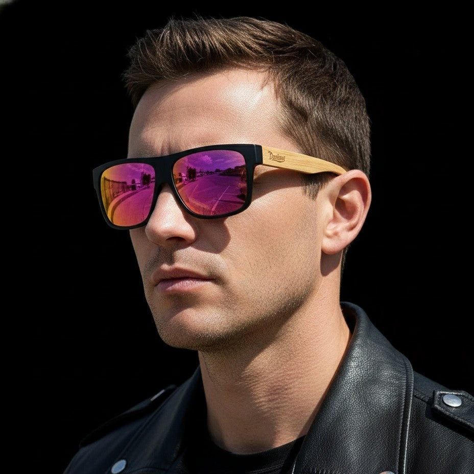 Man wearing sunglasses with a black frame and pink reflective lenses against a black background