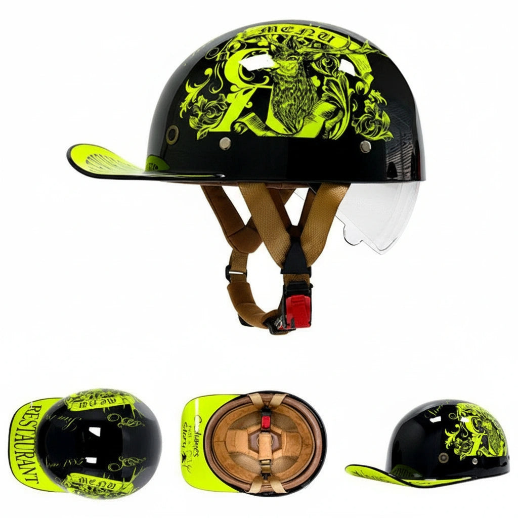 Black helmet with green designs and visor on a white background