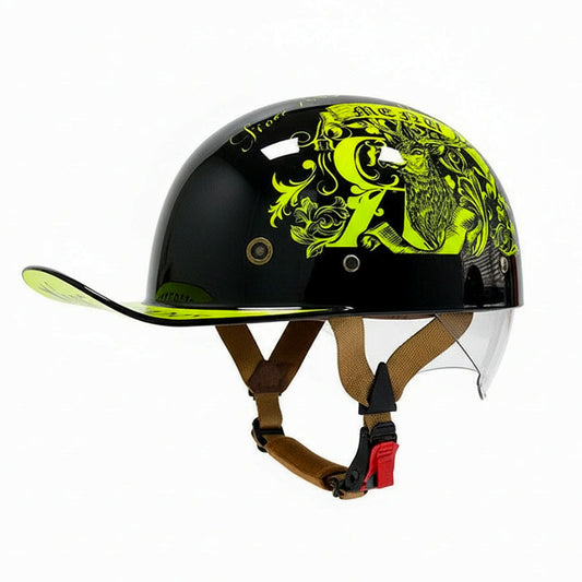 Black helmet with yellow design and brown straps on a white background