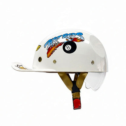 White helmet with colorful graphics and text on a white background