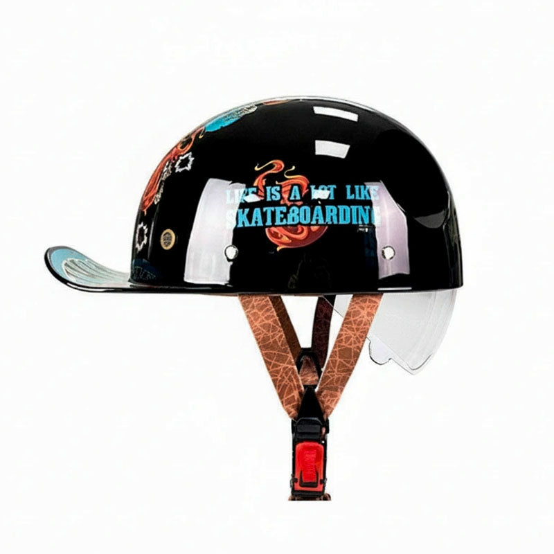 Black helmet with colorful graphics and text on a white background