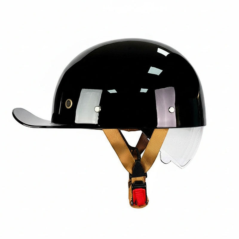 Black helmet with visor and chin strap on a white background