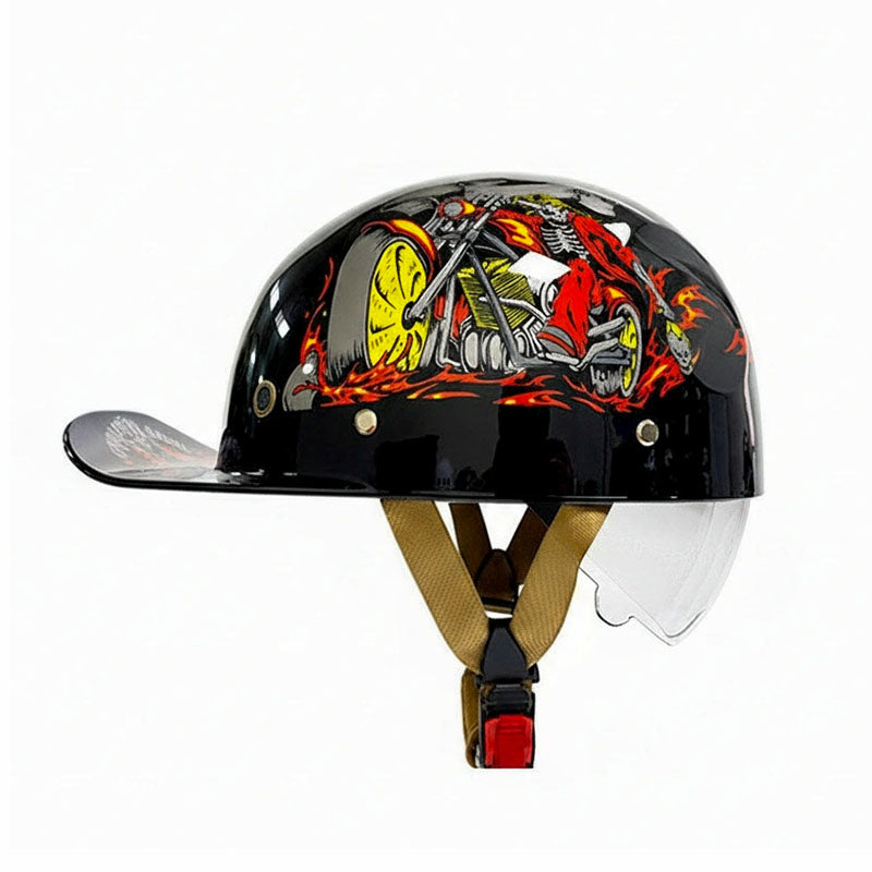 Black motorcycle helmet with colorful design on a white background