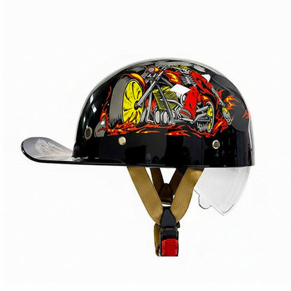 Black motorcycle helmet with colorful design on a white background
