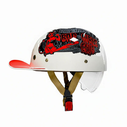 White helmet with red and black graphics on a white background