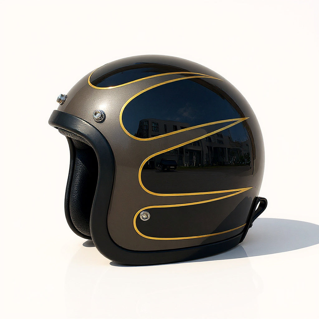 Black and gold motorcycle helmet on a white background