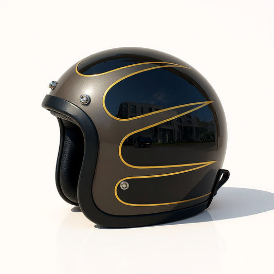 Black and gold motorcycle helmet on a white background