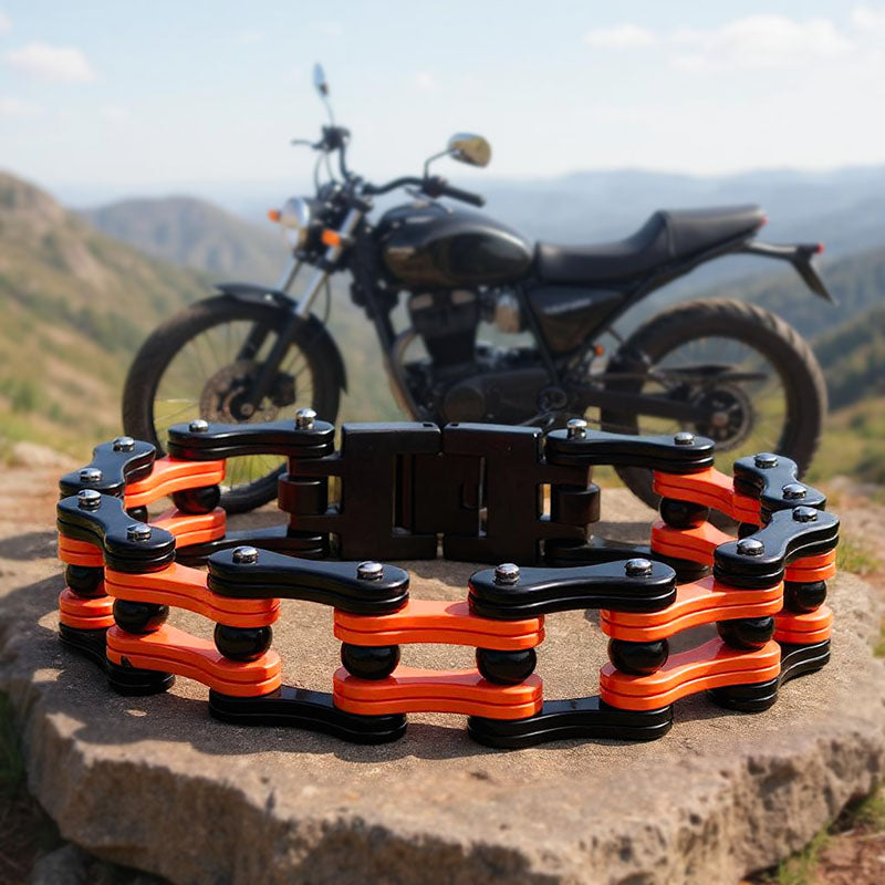 Collapsible bike stand with a motorcycle in the background on a mountainous landscape