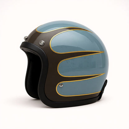 Motorcycle helmet with a blue and gold design on a white background
