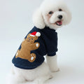 White dog wearing a navy blue sweater with a teddy bear design on a white background