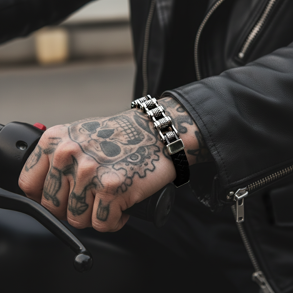 Person with tattooed hand wearing a bracelet, holding onto a motorcycle handle.