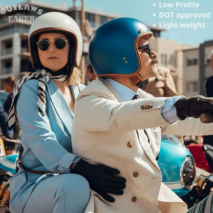 Two people wearing helmets on a motorcycle with text about helmet features.