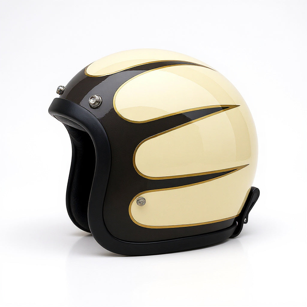 Gold and black motorcycle helmet on a white background