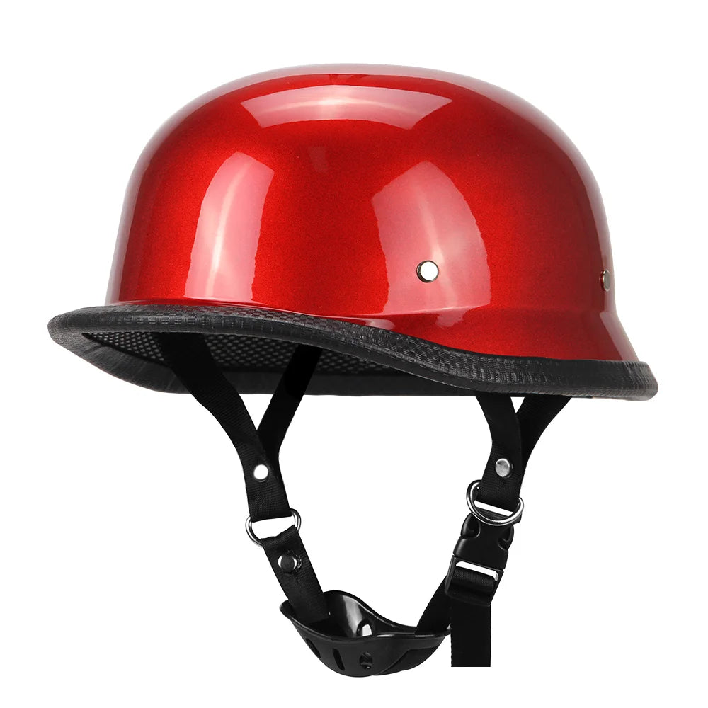 Red motorcycle helmet with black chin strap on a white background