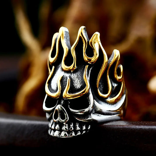 Vintage Flame Skull Ring