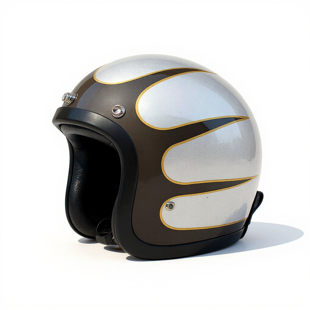 Motorcycle helmet with brown and white design on a white background
