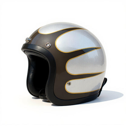 Motorcycle helmet with brown and white design on a white background