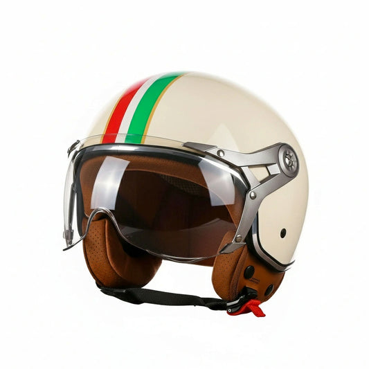 Vintage-style motorcycle helmet with Italian flag design on a white background